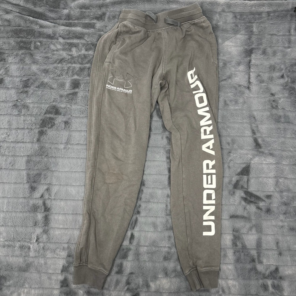 Under Armour Mens Rival Fleece Joggers Grey Sweatpants Small Graphic Logo Loose